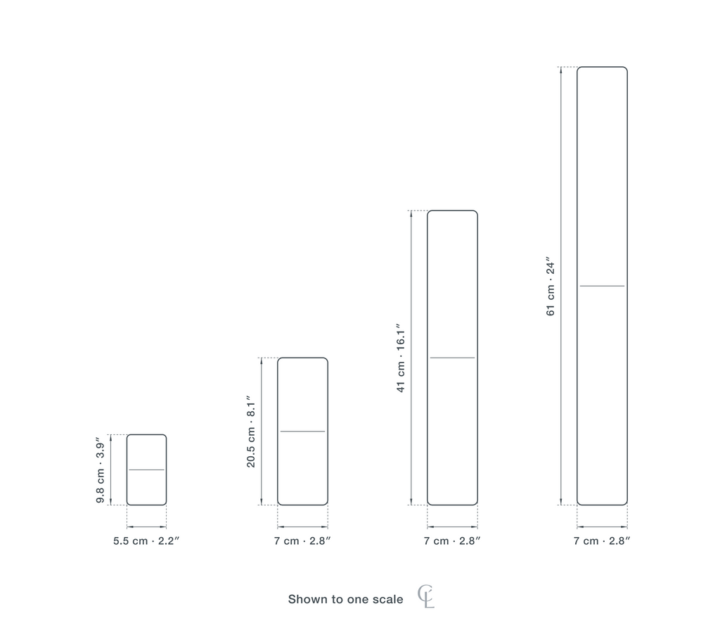 Technical dimension drawing of the Clérachic White Wall Light for Hallway, Aluminium and Acrylic, 41 cm in 4 sizes — 5.5 × 9.8 cm (2.2 × 3.9″), 7 × 20.5 cm (2.8 × 8.1″), 7 × 41 cm (2.8 × 16.1″), 7 × 61 cm (2.8 × 24″), drawn to one scale.