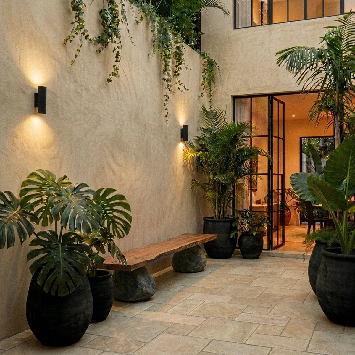 Two Clérachic black wall lights glow at dusk along a stone courtyard wall lined with potted palms and a bench.