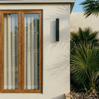 A Clérachic black wall light sits beside a timber-framed window, palm fronds catching afternoon light nearby.