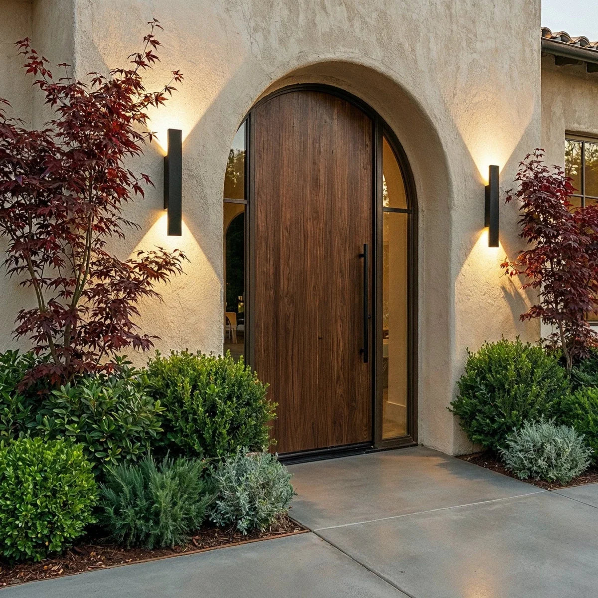 Two Clérachic black wall lights flank an arched wood door at dusk, framed by red maple leaves and boxwood.