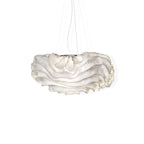 A wider Clérachic pendant with a layered white shade on a plain white backdrop, hanging from several thin wires.
