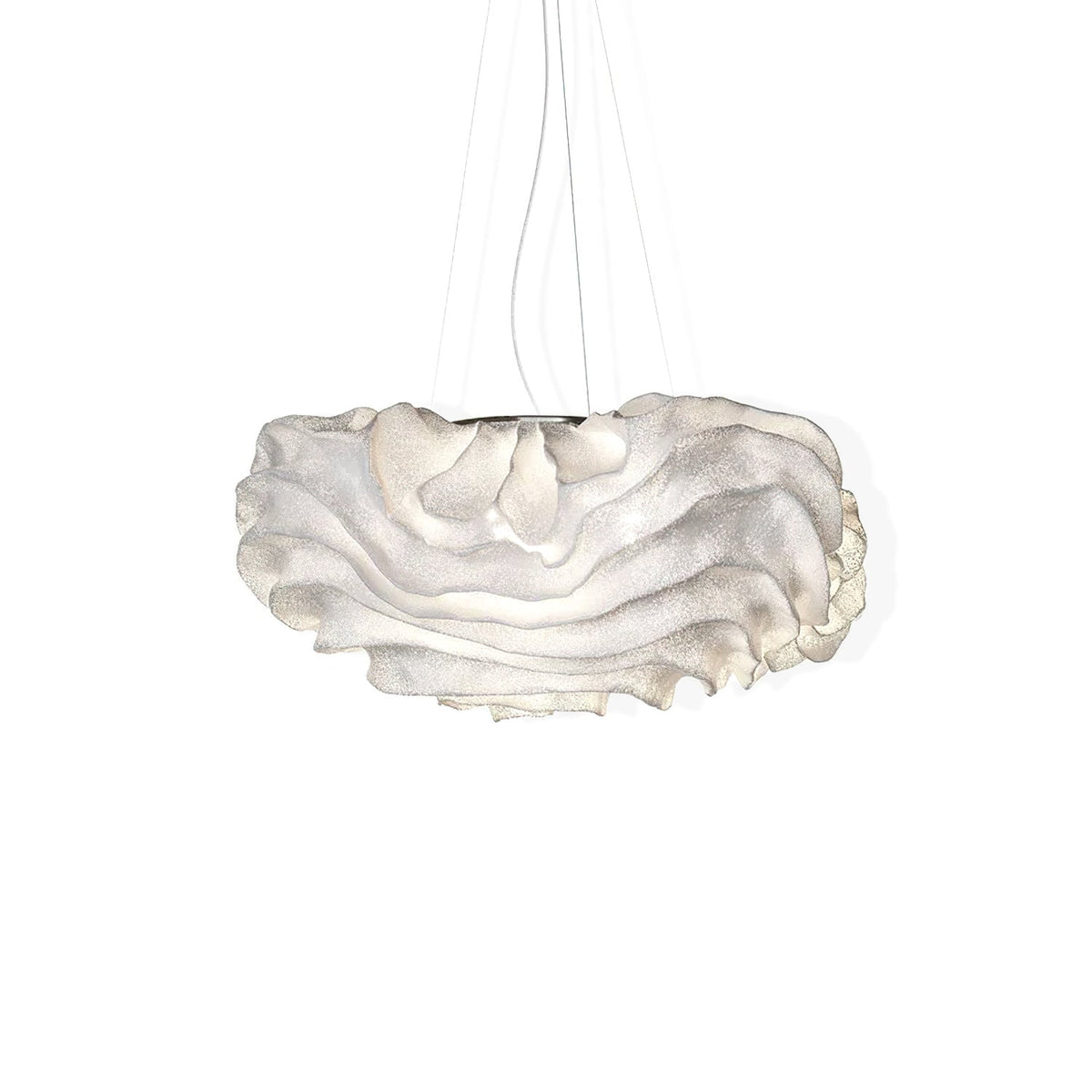 A wider Clérachic pendant with a layered white shade on a plain white backdrop, hanging from several thin wires.