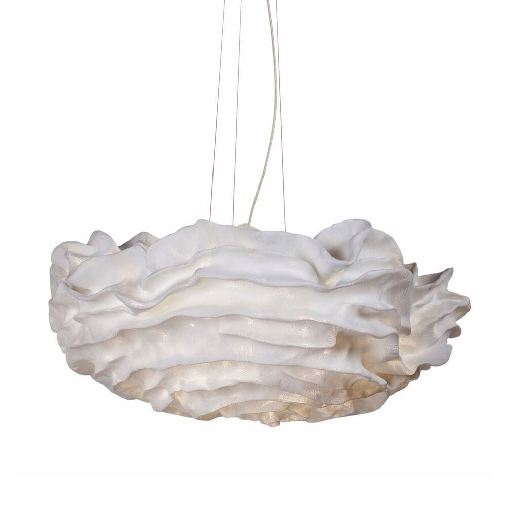 A Clérachic pendant with thick white ruffled layers, seen from slightly below on a plain white backdrop.