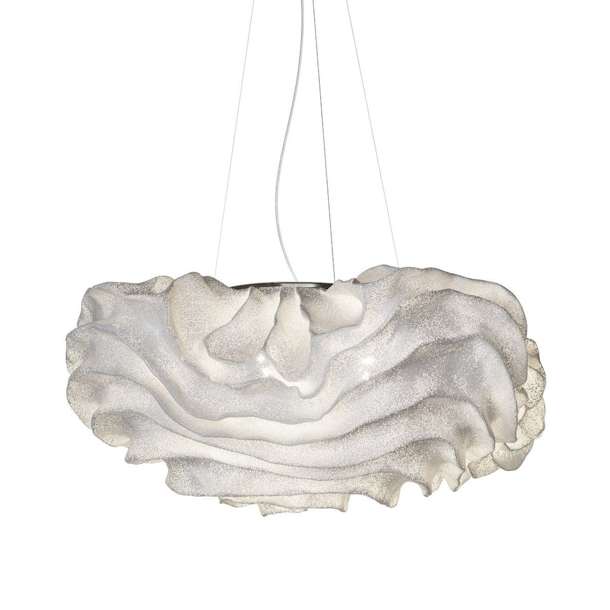 This Clérachic pendant on a white backdrop, with a layered white mesh shade and three fine wires above.