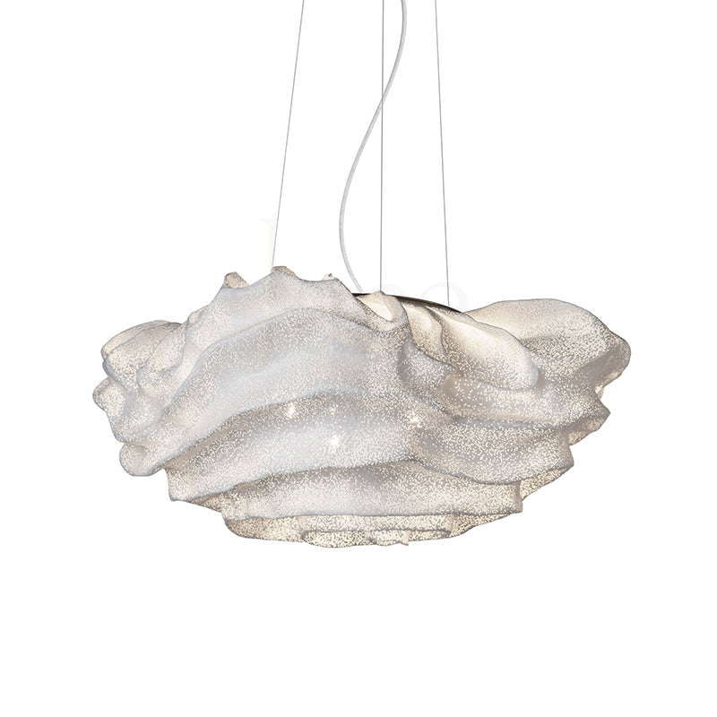 A Clérachic pendant in a mid-sized shade, unlit, with a layered white mesh and a looped cord on white.