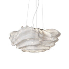 A Clérachic pendant in a mid-sized shade, unlit, with a layered white mesh and a looped cord on white.