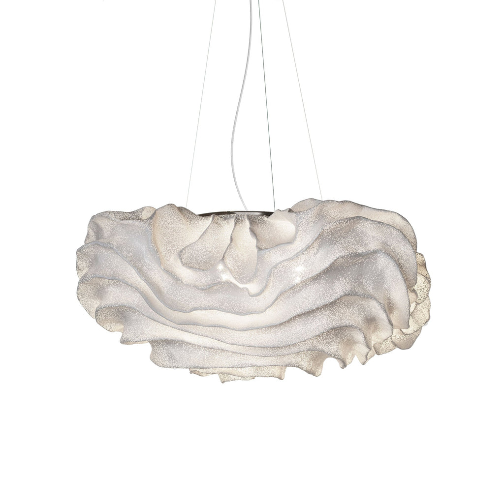 This Clérachic pendant on a white backdrop, its wide ruffled shade hanging from three fine wires.