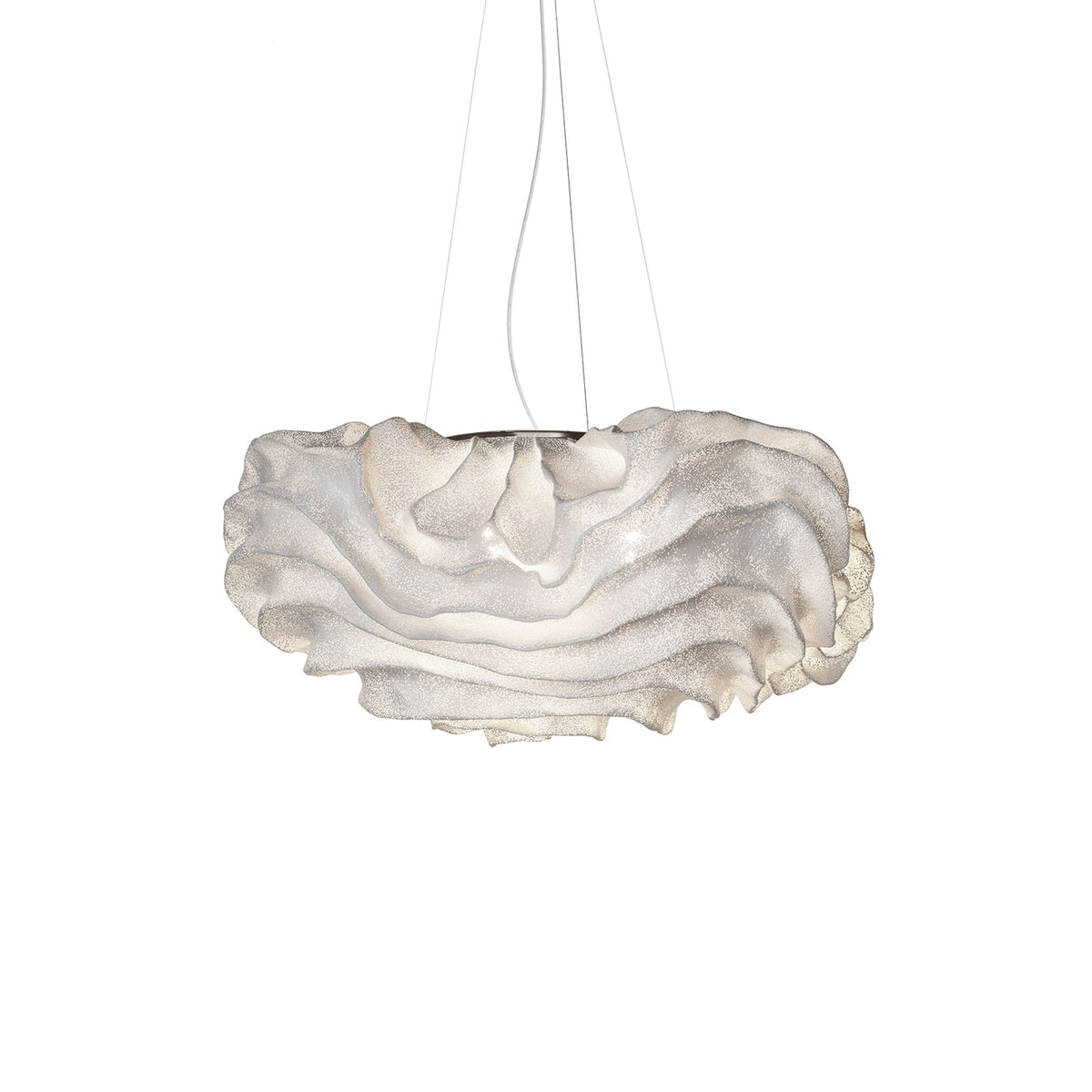 A slightly smaller Clérachic pendant on white, with the same layered shade and three fine hanging wires.