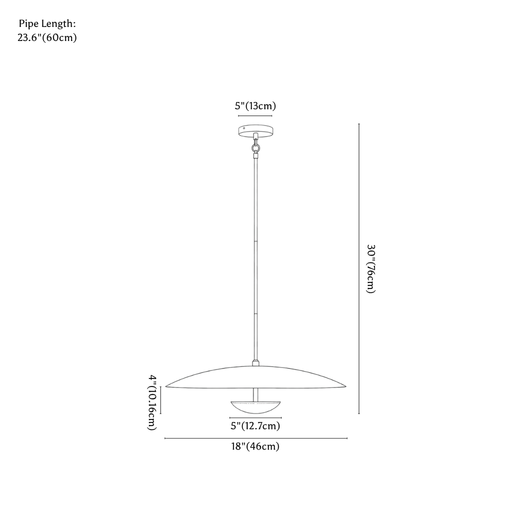 Clérachic pendant light dimension drawing, every measurement marked in centimetres and inches.