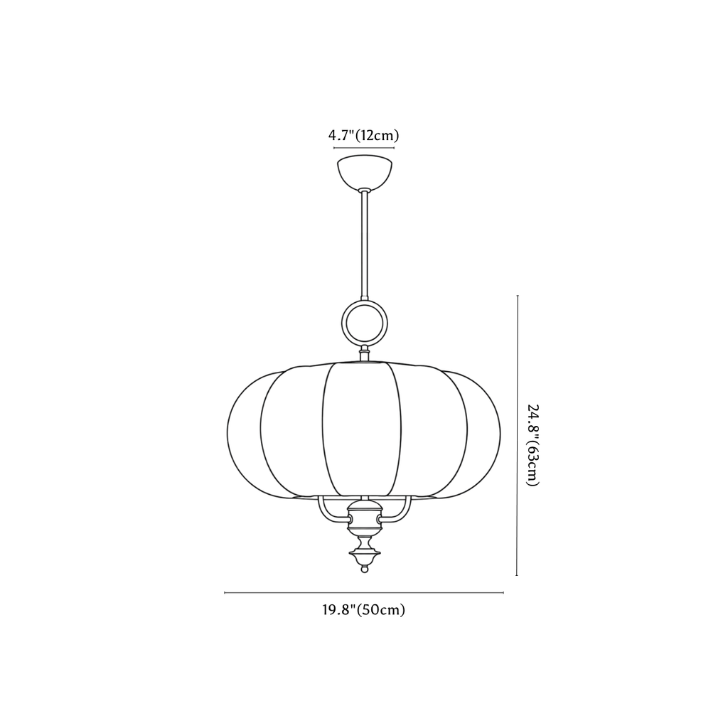 Clérachic pendant light dimension drawing, every measurement marked in centimetres and inches.