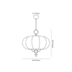 Clérachic pendant light dimension drawing, every measurement marked in centimetres and inches.