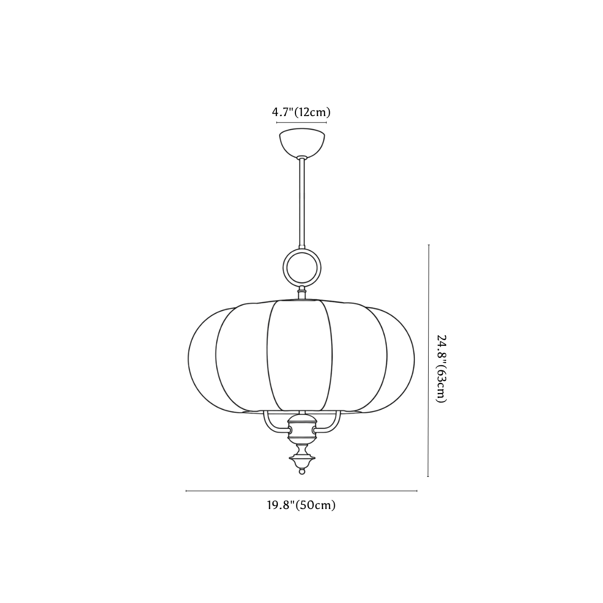 Clérachic pendant light dimension drawing, every measurement marked in centimetres and inches.