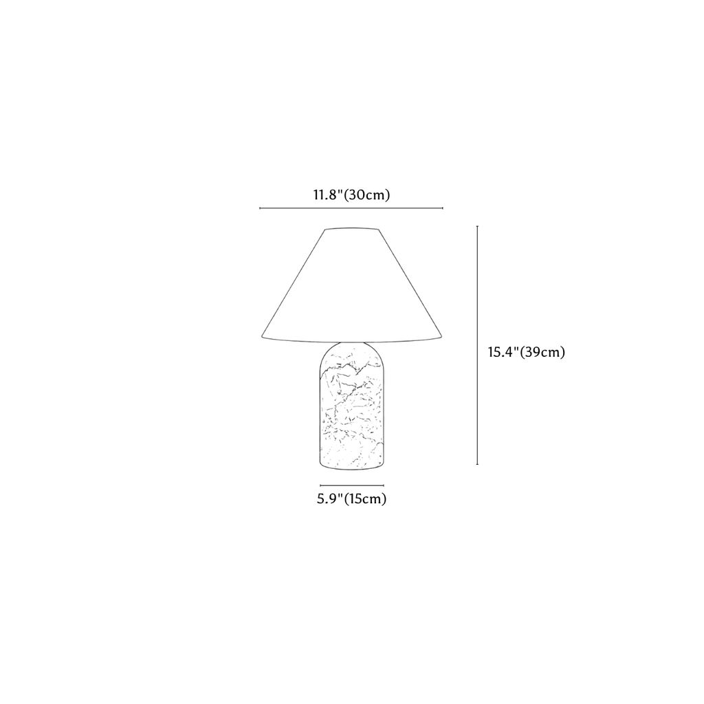 Clérachic table lamp dimension drawing, every measurement marked in centimetres and inches.