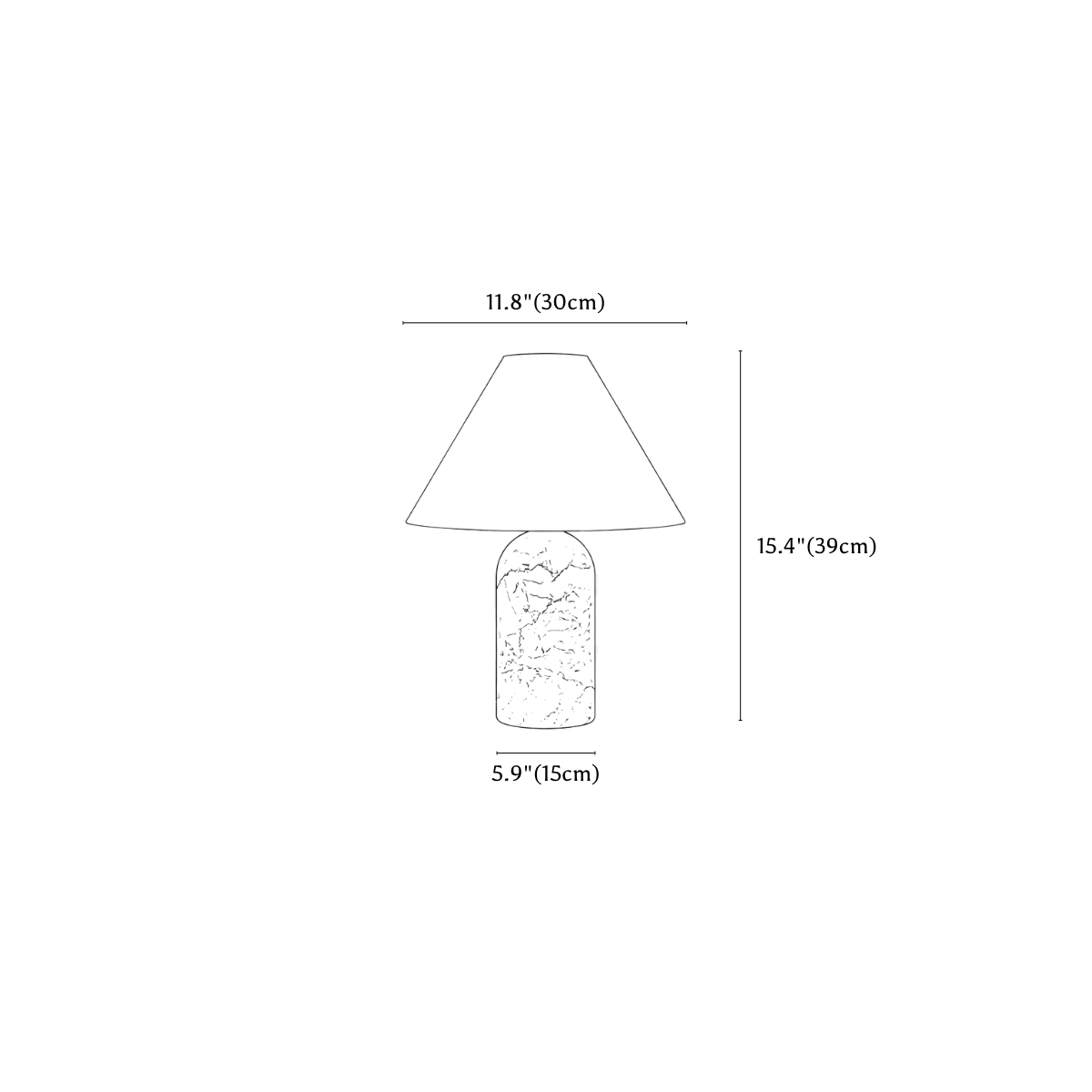 Clérachic table lamp dimension drawing, every measurement marked in centimetres and inches.