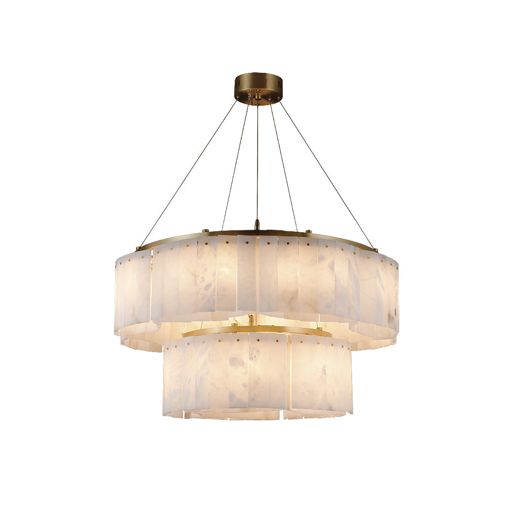 Studio view of the Clérachic Willamette Alabaster Drum Chandelier, two brass-ringed alabaster tiers on steel cables.