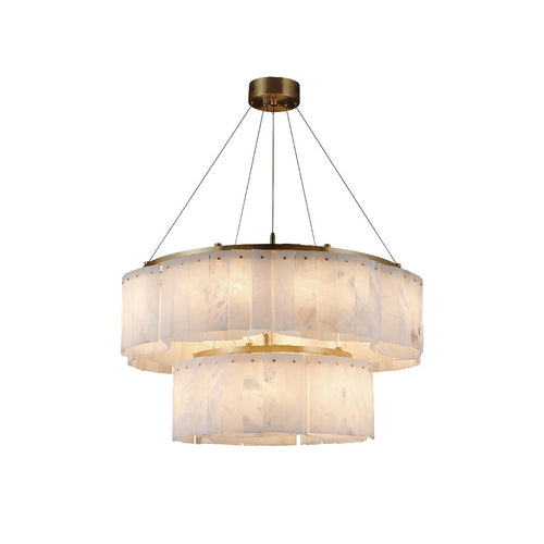 Studio view of the Clérachic Willamette Alabaster Drum Chandelier, two brass-ringed alabaster tiers on steel cables.