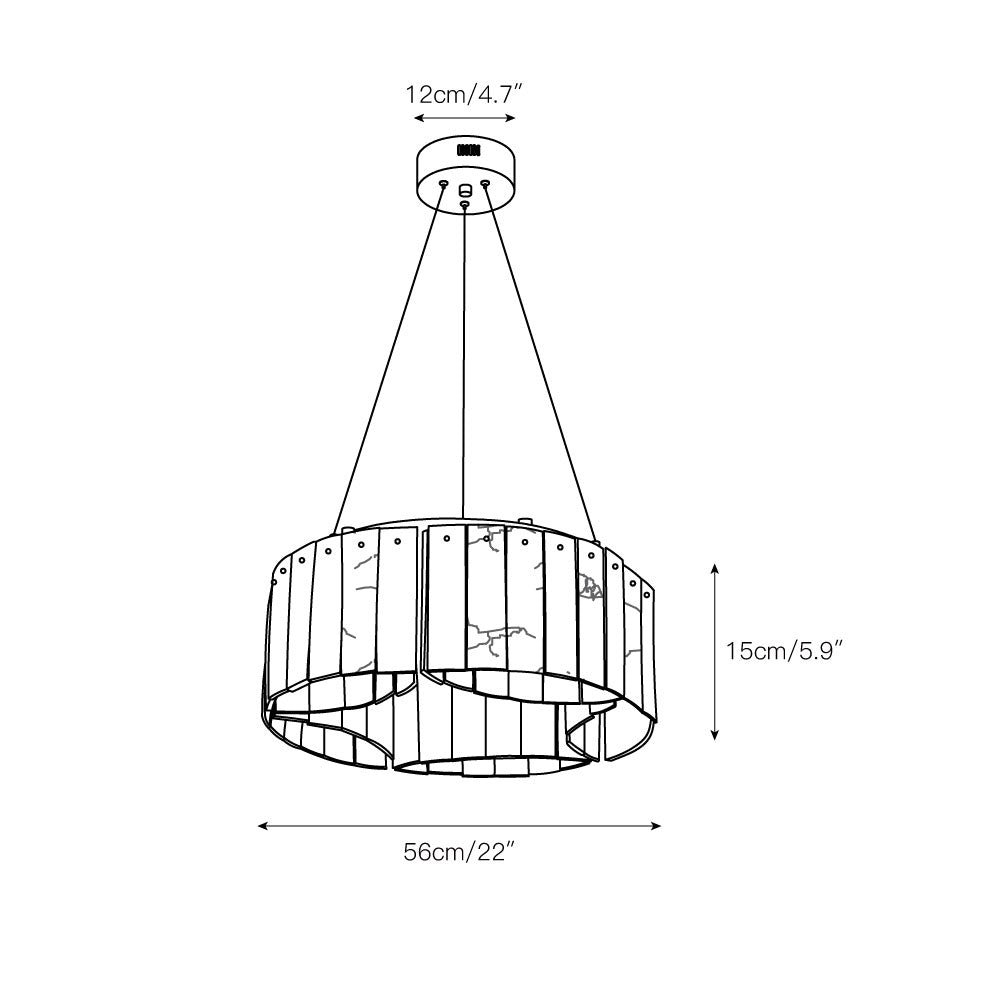 Dimension drawing for the Clérachic Willamette Alabaster Drum Chandelier, 56cm/22″ wide, 15cm/5.9″ high, 12cm/4.7″ canopy.