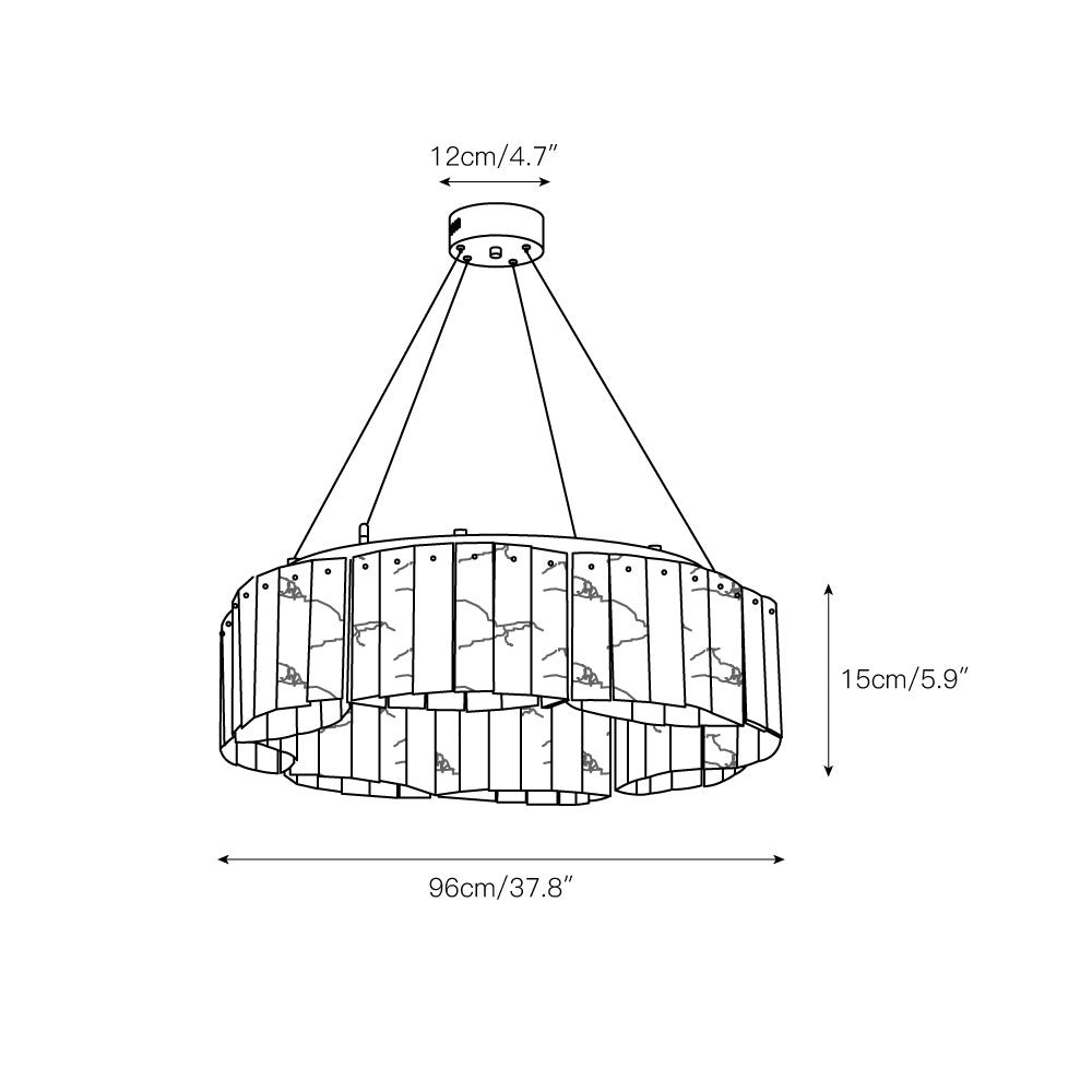 Clérachic Willamette Alabaster Drum Chandelier dimension drawing: 96cm/37.8″ across, 15cm/5.9″ high, 12cm/4.7″ canopy.