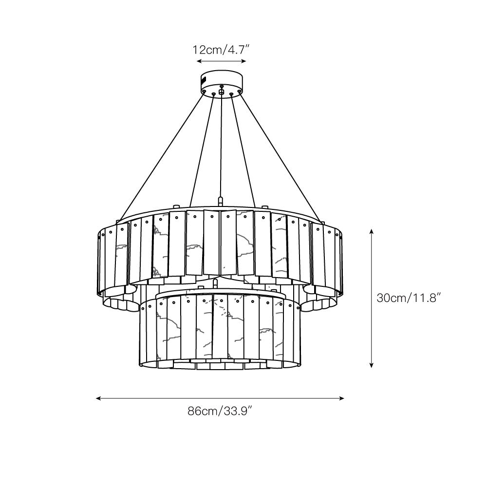 Dimension drawing of the two-tier Clérachic Willamette Alabaster Drum Chandelier, 86cm/33.9″ wide by 30cm/11.8″ high.