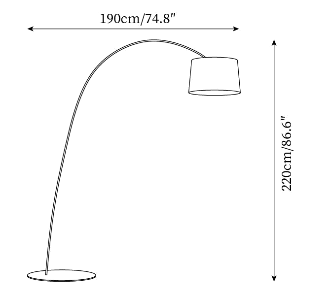 Dimension drawing of this Clérachic arc floor lamp, with its 190 cm reach and 220 cm height marked.