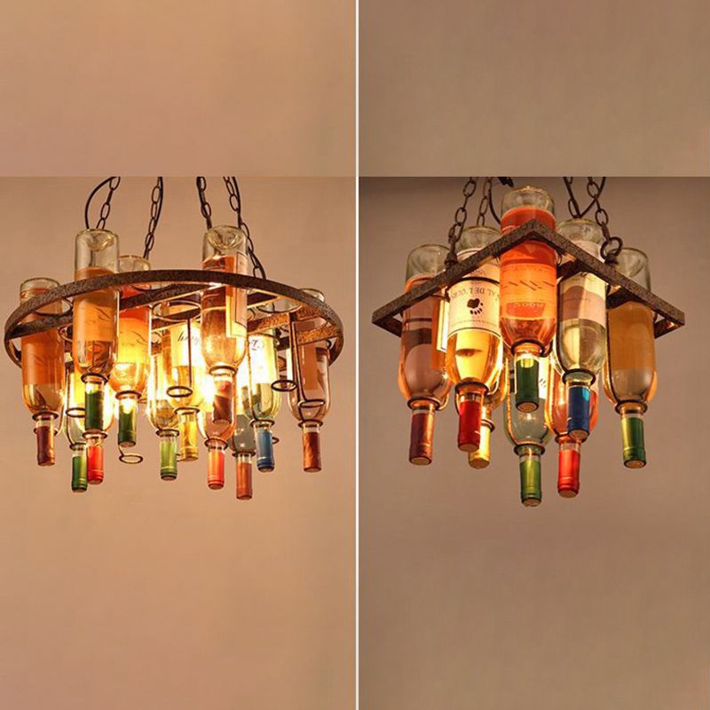 Side-by-side comparison of the Clérachic wine bottle chandelier's two frame styles: the large round size and the smaller peaked size.