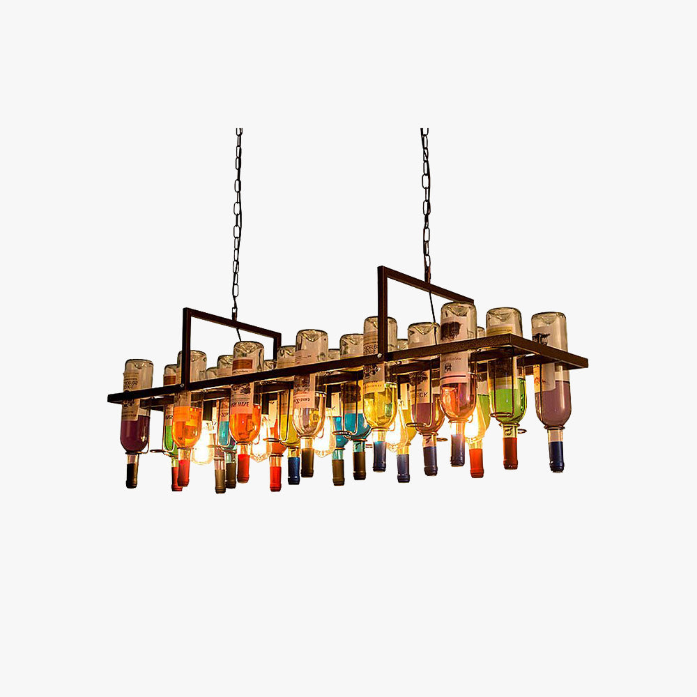 Clérachic Wine Bottle Glass Pendant Light hangs on rust-toned chains, inverted colored bottles filling the frame.