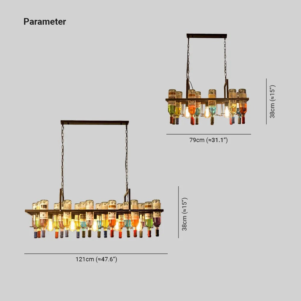 Dimension drawing for the Clérachic Wine Bottle Glass Pendant Light, 79 cm / 31.1 in or 121 cm / 47.6 in wide, both 38 cm / 15 in high.