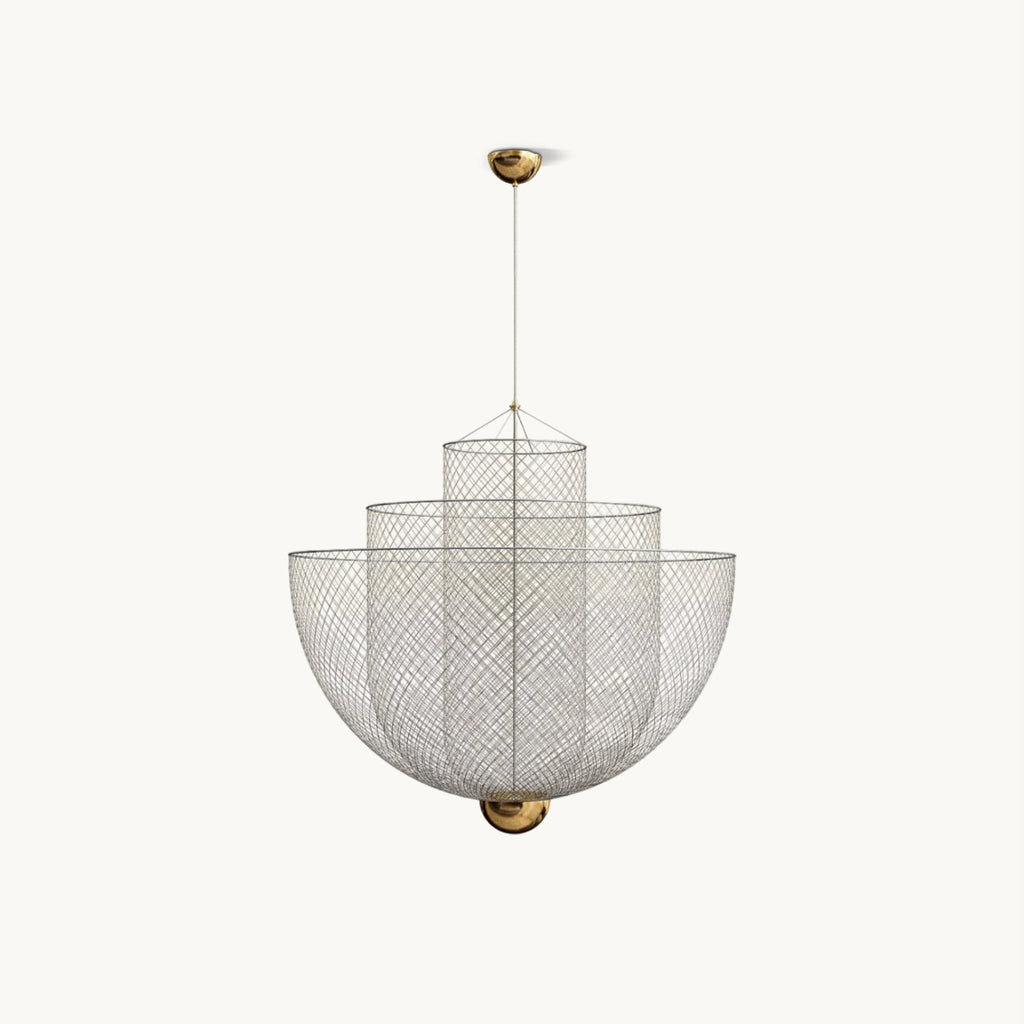 A Clérachic chandelier of three stacked silver wire-mesh bowls with a small brass orb at the base, on a plain white backdrop.