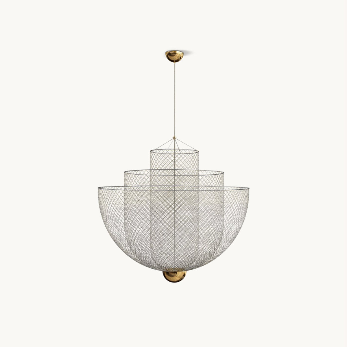 A Clérachic chandelier of three stacked silver wire-mesh bowls with a small brass orb at the base, on a plain white backdrop.