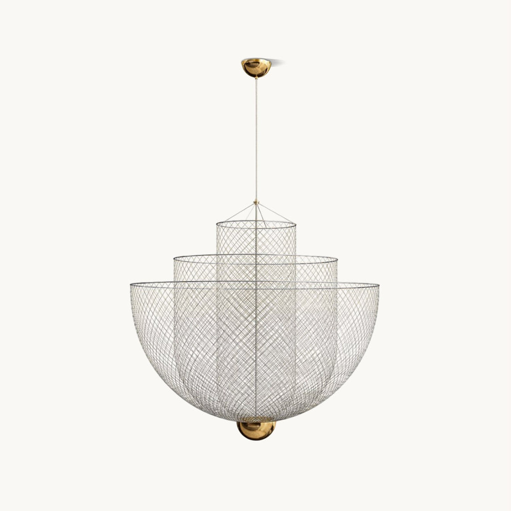 A Clérachic chandelier of stacked silver wire-mesh bowls on a thin cord, with a brass canopy, on a plain off-white backdrop.