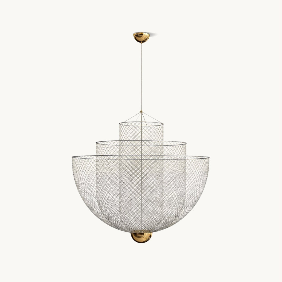 A Clérachic chandelier of stacked silver wire-mesh bowls on a thin cord, with a brass canopy, on a plain off-white backdrop.
