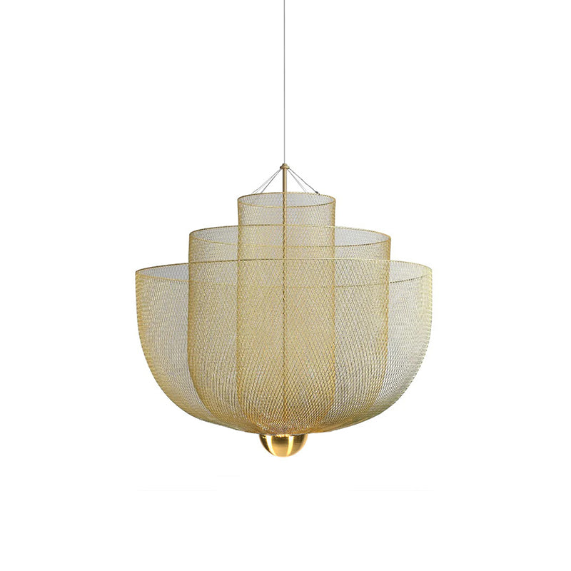 A gold-finish Clérachic wire-mesh chandelier with three stacked bowls and a brass orb, on a white backdrop.