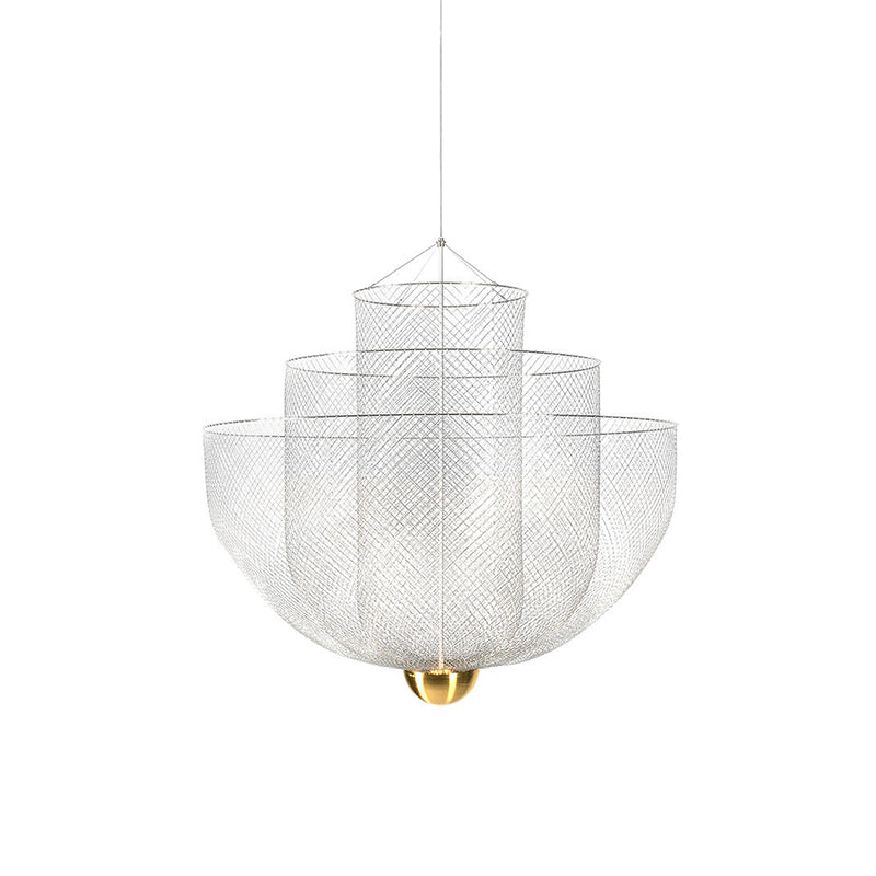 A silver Clérachic wire-mesh chandelier with three nested bowls and a small brass orb, on a white backdrop.