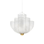A silver Clérachic wire-mesh chandelier with three nested bowls and a small brass orb, on a white backdrop.