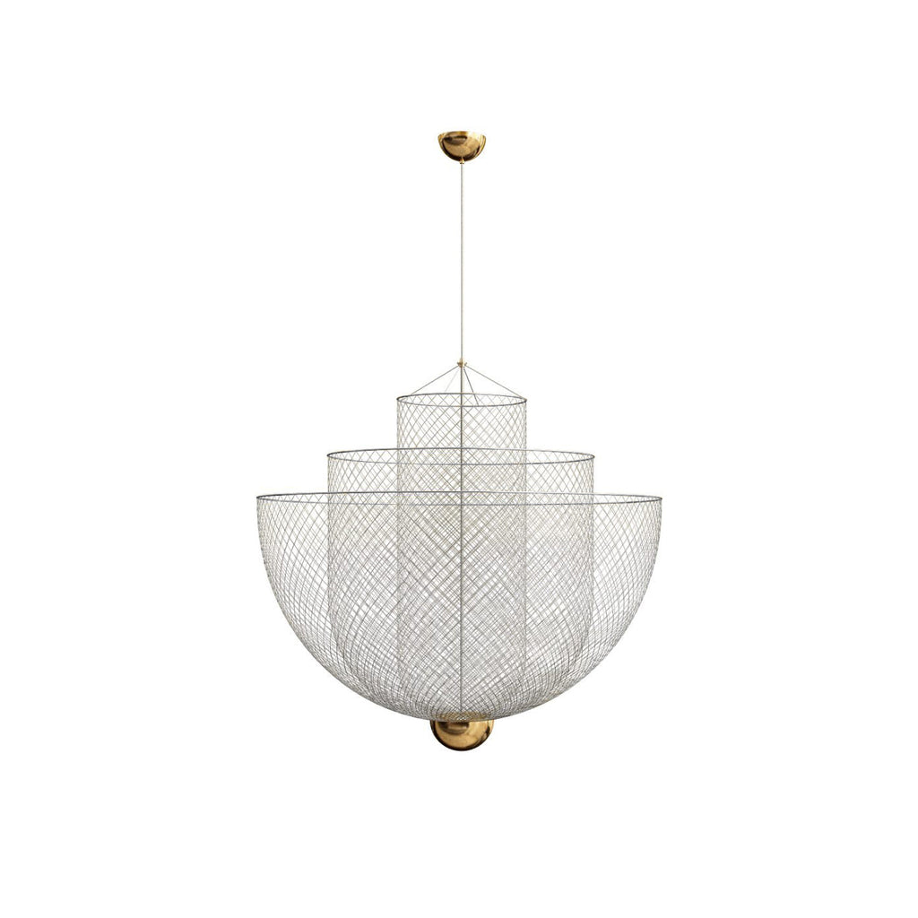The Clérachic chandelier in silver mesh, with a brass canopy, a thin suspension cord and three nested bowls, on white.