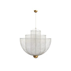 The Clérachic chandelier in silver mesh, with a brass canopy, a thin suspension cord and three nested bowls, on white.