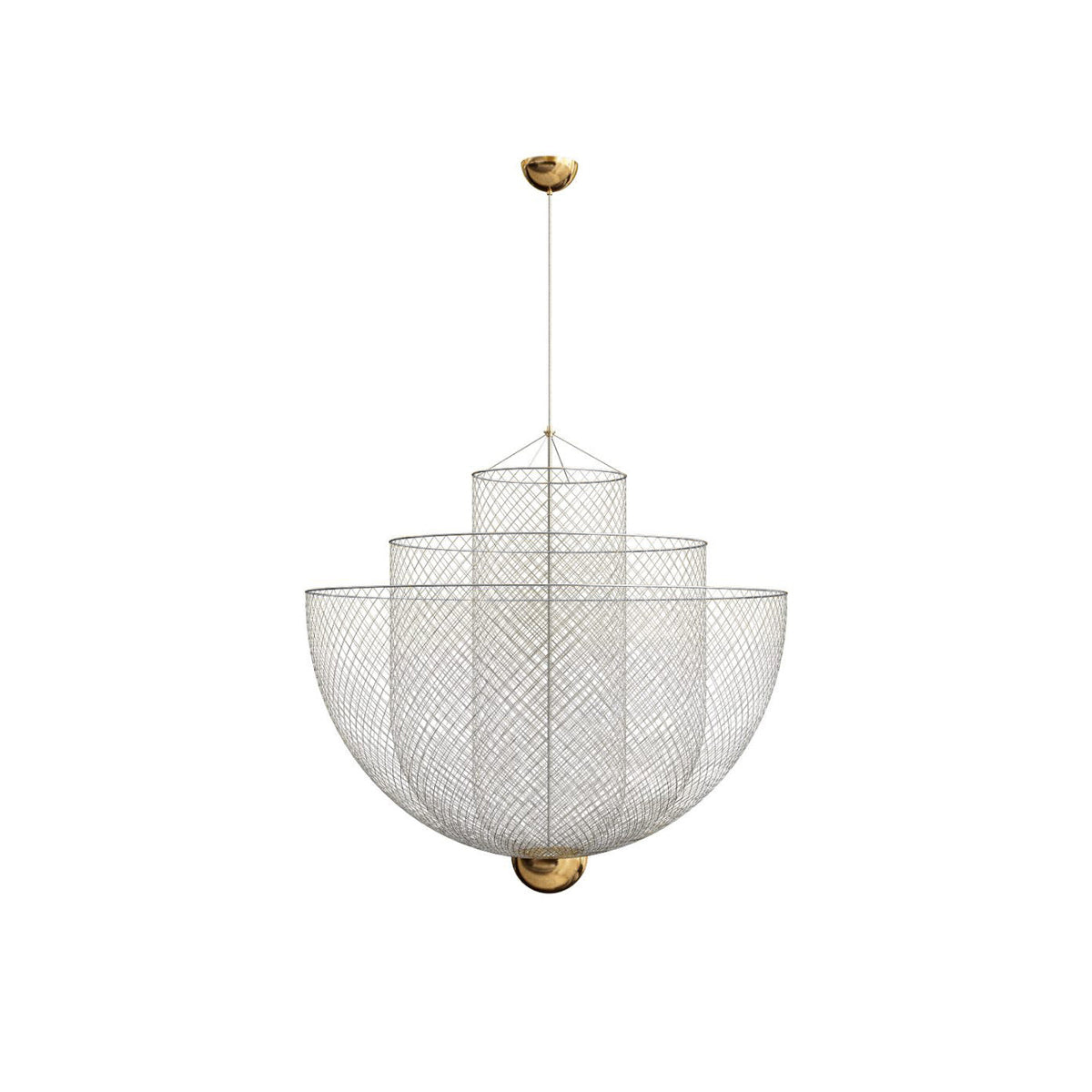 The Clérachic chandelier in silver mesh, with a brass canopy, a thin suspension cord and three nested bowls, on white.