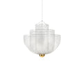 A silver wire-mesh Clérachic chandelier with a brass orb, hung on a single cord, on a white backdrop.