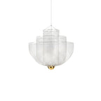 A silver wire-mesh Clérachic chandelier with a brass orb, hung on a single cord, on a white backdrop.