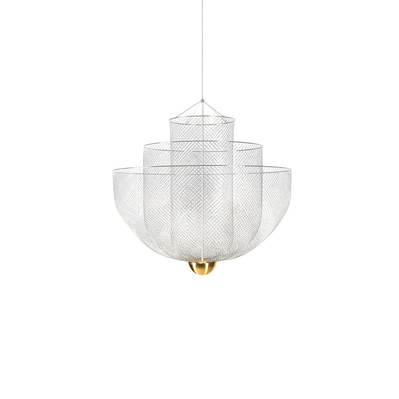 A silver wire-mesh Clérachic chandelier with a brass orb, hung on a single cord, on a white backdrop.