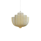 A gold-finish Clérachic mesh chandelier with a brass orb, three stacked bowls and a single cord, on a white backdrop.