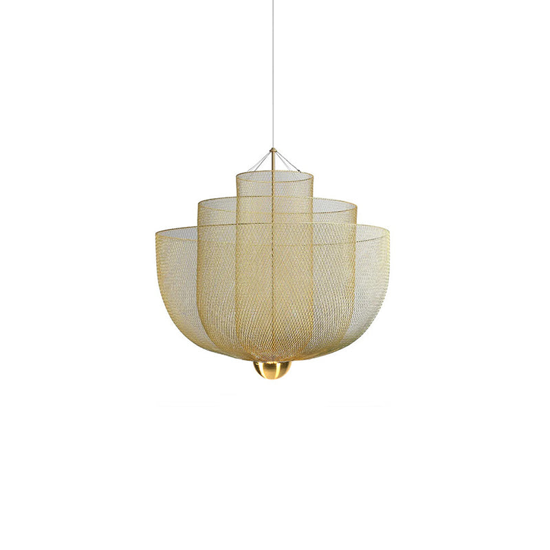 A gold-finish Clérachic mesh chandelier with a brass orb, three stacked bowls and a single cord, on a white backdrop.