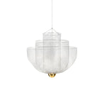 Clérachic silver wire-mesh chandelier with three tiers and a small brass orb, hung from a fine cord, on white.