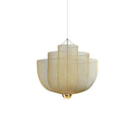 A Clérachic mesh chandelier in the gold finish, with a brass orb below three layered bowls, on a white backdrop.