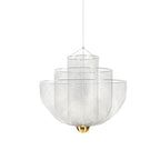 Clérachic silver mesh chandelier with three tiers, hung on a single cord with a brass orb below, on white.