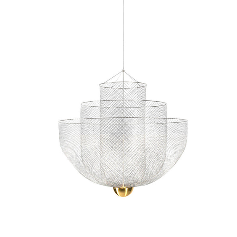 Clérachic silver mesh chandelier with three tiers, hung on a single cord with a brass orb below, on white.