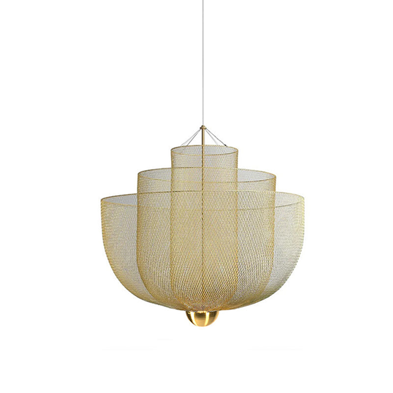 A Clérachic chandelier in a gold mesh finish with three nested bowls and a brass orb at the base, on white.