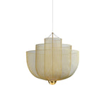 A Clérachic chandelier in a gold mesh finish with three nested bowls and a brass orb at the base, on white.