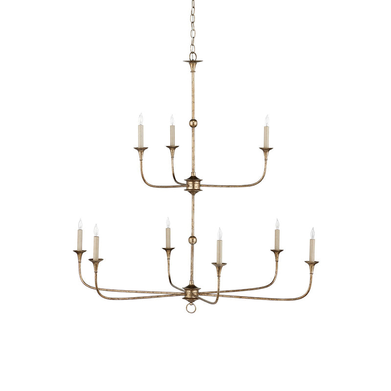 The Clérachic Wisp Grande chandelier's nine-arm frame fans out in warm pyrite bronze, unlit against plain white.