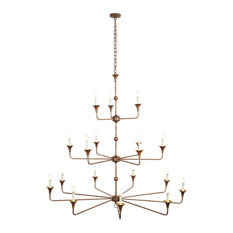 Clérachic's Wisp Grande chandelier turned to a three-quarter angle, its 18 bronze arms across three tiers.